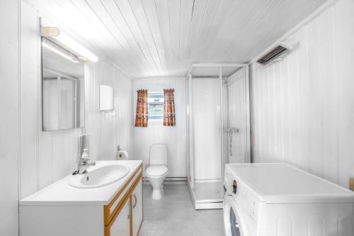 a white bathroom with a sink and a washing machine at Eagle Point Lofoten in Eggum