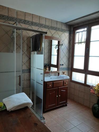 a bathroom with a shower and a sink and a mirror at A Casa do Ferrador in Vilar