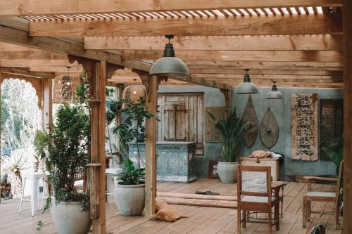a room with potted plants and a wooden ceiling at Emily Moon River Lodge in Plettenberg Bay