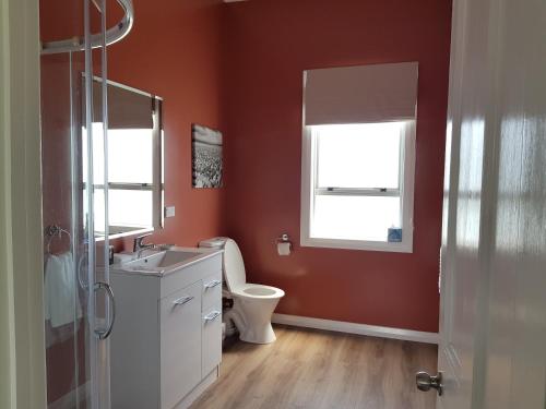 a bathroom with a toilet and a sink and a window at Kumara Historic Cottages in Kumara