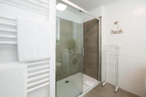 een badkamer met een douche en een glazen deur bij Hafengeflüster in Olpenitz