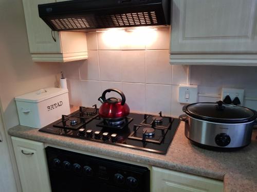 a red tea kettle on a stove in a kitchen at Bushys Oak in Bushmans River Village