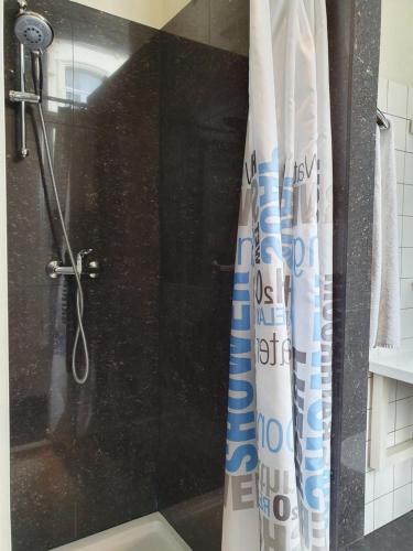 a shower with a shower curtain in a bathroom at Hotel Queen Mary in Brussels