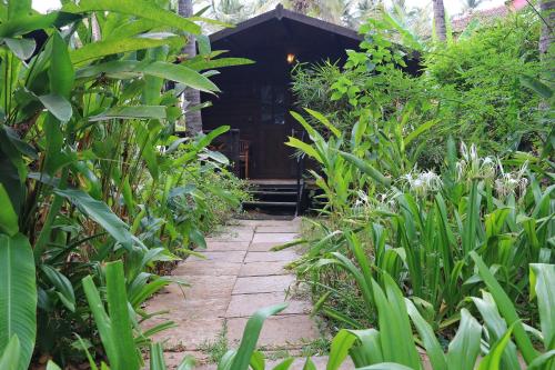 a garden path leading to a cabin in the jungle at Montego Bay Beach Village - Morjim in Morjim