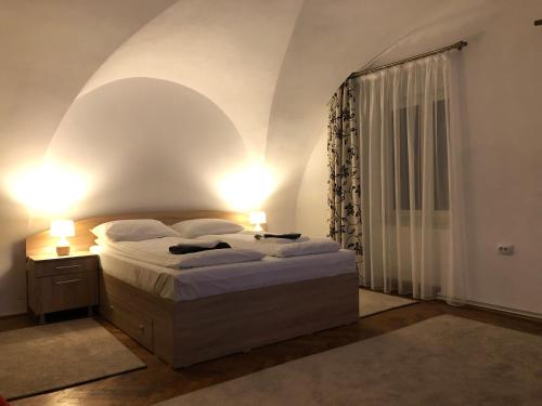 een slaapkamer met een bed met twee lampen aan bij ENJOY in Sibiu