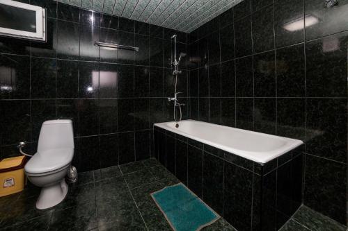 a black tiled bathroom with a toilet and a bath tub at Nukri Guest House in Gori