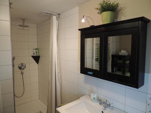 イスニー・イム・アルゴイにあるFerienwohnung Butscherの洗面台、鏡、シャワー付きのバスルーム