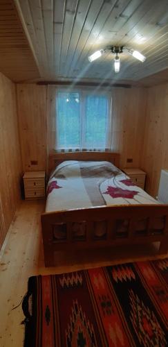ein Schlafzimmer mit einem großen Bett in einem Zimmer in der Unterkunft Котедж під горою in Tatariw