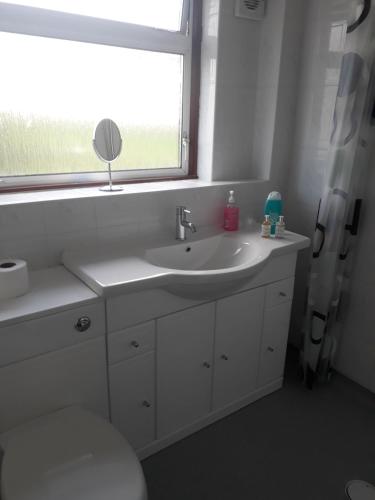 een badkamer met een wastafel en een raam bij Hilltop House in Airdrie
