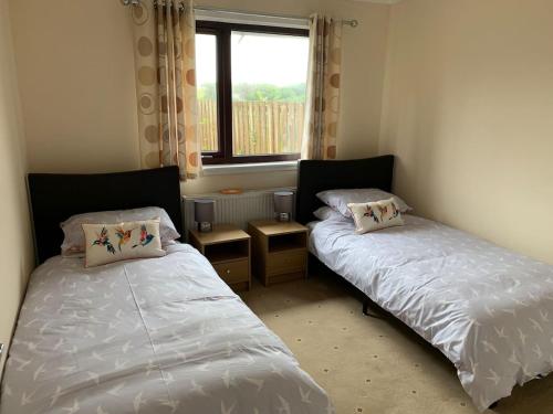 two beds in a small room with a window at 10 Redcliffe in Stornoway