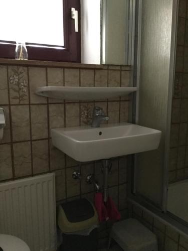 ein Badezimmer mit einem weißen Waschbecken und einem Spiegel in der Unterkunft 20 Pellaweg Ferienwohnung in Bielefeld