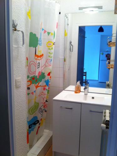 une salle de bain avec un rideau de douche et un lavabo dans l'établissement T3 3 étoiles hyper centre Luchon, à Luchon