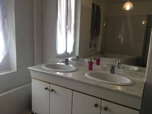 塞納河畔羅米伊的住宿－La petite maison de Lilou，一间带两个盥洗盆和大镜子的浴室
