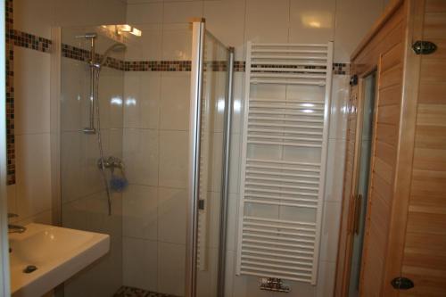 y baño con ducha y lavamanos. en Appartement Enns by Schladmingurlaub, en Schladming