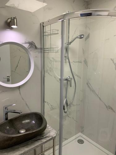 a bathroom with a sink and a glass shower at Pokoj Pod Żaglami in Gdynia