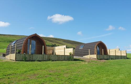 two domed buildings in a field with a hill at Lilly's Lodges Orkney Hedgehog Lodge in Finstown