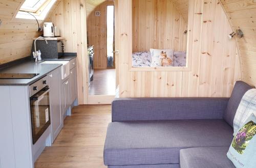 una pequeña cocina con sofá en una casa pequeña en Lilly's Lodges Orkney Hedgehog Lodge, en Finstown