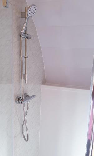 a shower in a bathroom with a shower head at Lilly's Lodges Orkney Hedgehog Lodge in Finstown