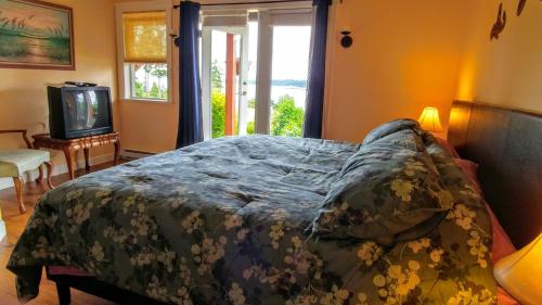 a bedroom with a bed and a tv and a window at Two Eagles Lodge in Union Bay