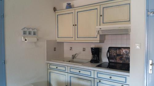 a kitchen with blue cabinets and a sink at Résidence Parc de la mer - Apprt 3 chambres in Argelès-sur-Mer