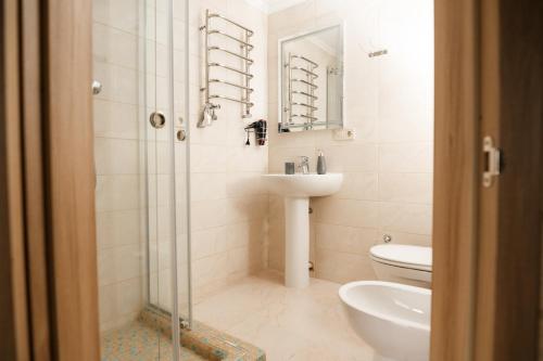 a bathroom with a shower and a sink and a toilet at GUTSULWOOD in Yablunytsya