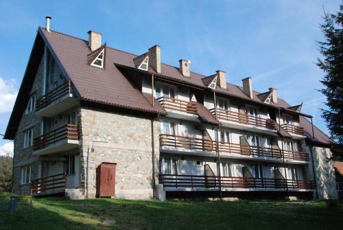 a large building with a roof on top of it at Hotel Bianca in Beliş