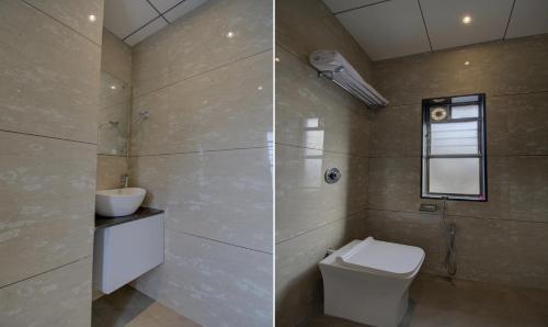 2 immagini di un bagno con servizi igienici e lavandino di Hotel Amisha International a Surat