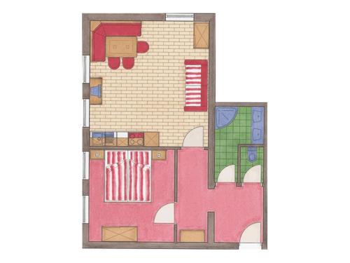 a floor plan of a house with pink at Hotel & Appartement Auerhahn in Obertauern