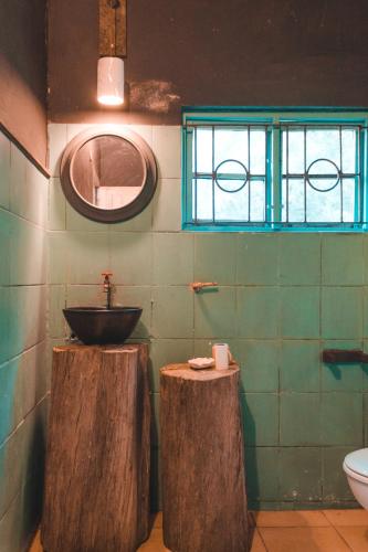 a bathroom with a sink and a mirror and two logs at The Prawn Hatchery Pty Ltd on Amatikulu in Dokodweni