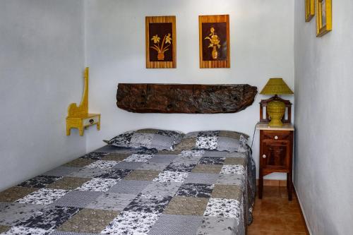 a bedroom with a bed with a checkered quilt at Casa do Ferreiro in Góis