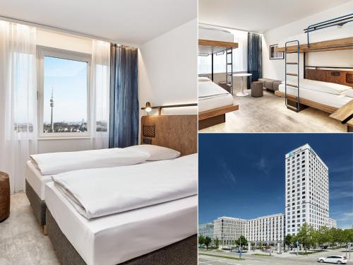 ミュンヘンにあるH2 Hotel München Olympiaparkのベッド付きのホテルルームと市街の写真2枚