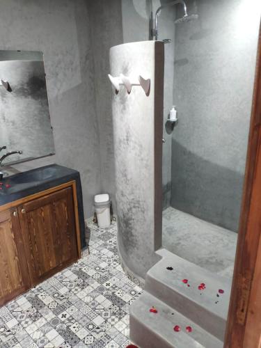 a bathroom with a shower and a sink at Les Jardins d Amizmiz 6 piscines in Marrakech