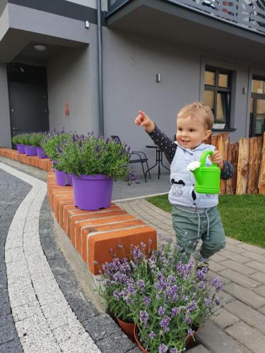 a young child holding a watering can and watering plants at Villa Łeba Pokoje & Apartamenty in Łeba