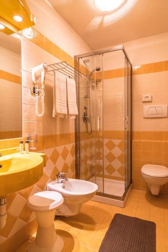 a bathroom with a sink and a toilet and a shower at Hotel Folgarida in Folgarida