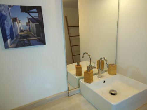 een badkamer met een wastafel en een spiegel bij Appart Terrasse Végétale bord Plages bassin in Arès