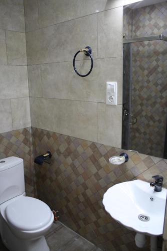 a bathroom with a toilet and a shower and a sink at Hotel Delisi in Tbilisi City