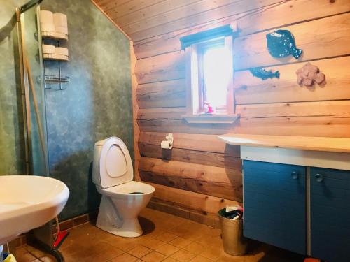 Midnight Sun Lodge Lofoten في Bøstad: حمام خشبي مع مرحاض ومغسلة