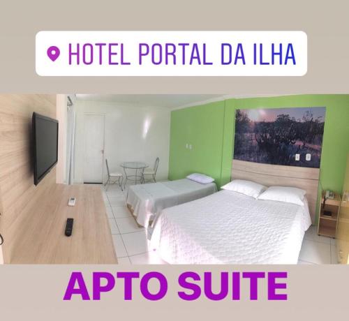 a hotel room with two beds and a tv at Hotel Porthal da Ilha- Paulo Afonso-Ba in Paulo Afonso