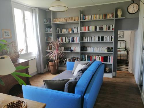 a blue couch in a living room with bookshelves at une maison à la campagne in Beaune-la-Rolande