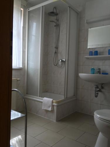 La salle de bains est pourvue d'une douche et d'un lavabo. dans l'établissement Stadtsee-Pension Templin, à Templin
