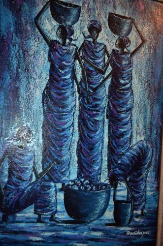 a painting of three women carrying buckets on their heads at ST@Y-1-BnB in Cape Town