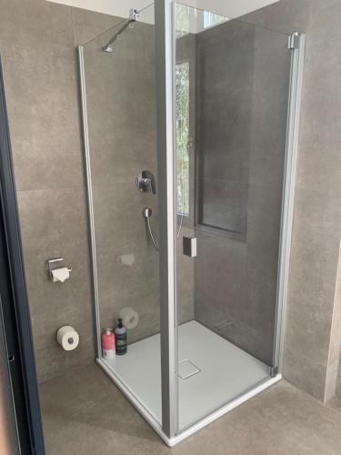 a shower with a glass door in a bathroom at Haus 8 in Lübeck
