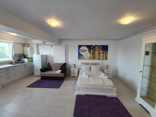 a bedroom with a bed and a couch and a kitchen at Airport Residence in Otopeni