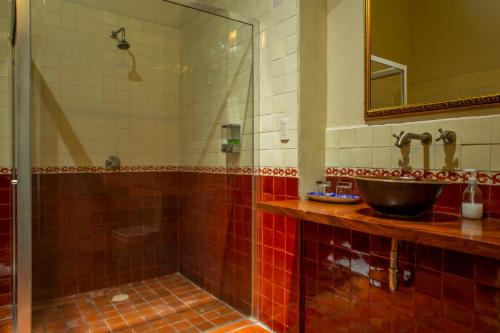 een badkamer met een glazen douche en een wastafel bij Hotel Boutique Hacienda del Gobernador in Colima