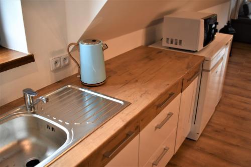 a kitchen counter with a sink and a microwave at Penzion Beskydkrby in Ostravice