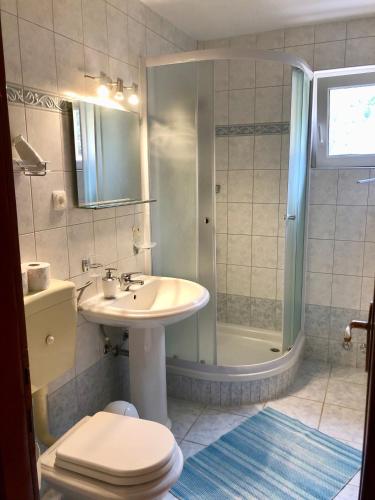 a bathroom with a sink and a shower and a toilet at Apartments Nautic in Zavala