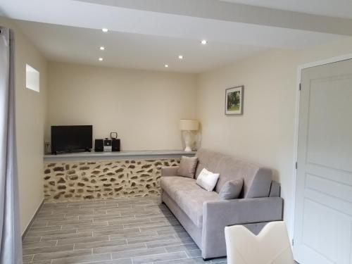 a living room with a couch and a tv at GITE CHOUCHOU in Izé