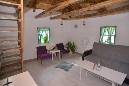 a living room with a couch and chairs and windows at Zicka plaza in Kraljevo