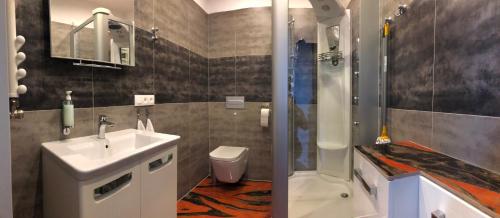a bathroom with a sink and a shower and a toilet at LuxApartament 1 - z widokiem i garażem w nowym Zeta Park in Ustroń