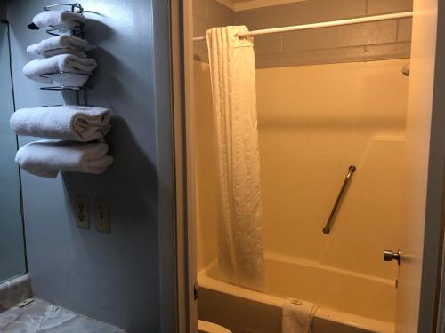 a bathroom with a shower and some towels at Economy Inn in Crossville